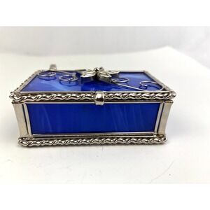 Vintage Blue Slag Glass Jewelry Trinket Box Silver Tone Hinged Lid